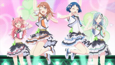 [an image of the fictional idol group more more jump. the characters are jumping, from left to right there is airi, minori, haruka, and then shizuku.]